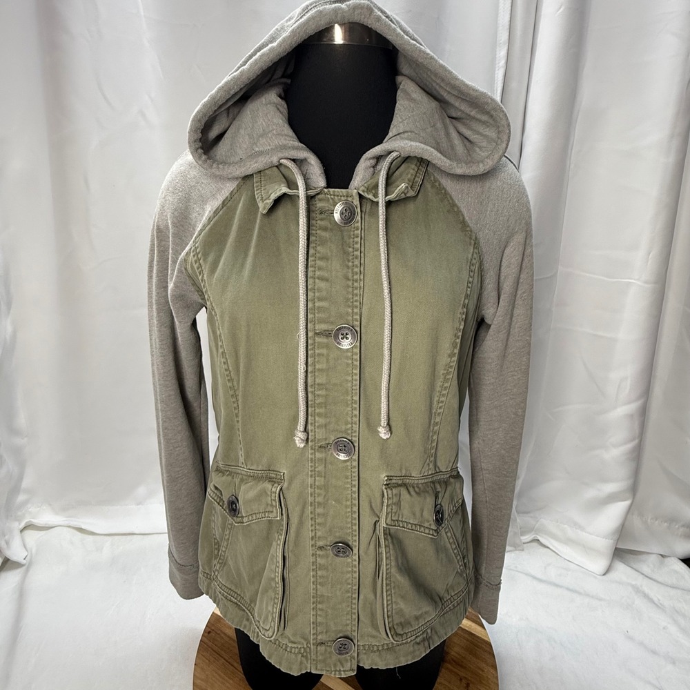 Hollister Women's Army Green Anorak Jacket Gray Sweatshirt Sleeves And Hood‎
